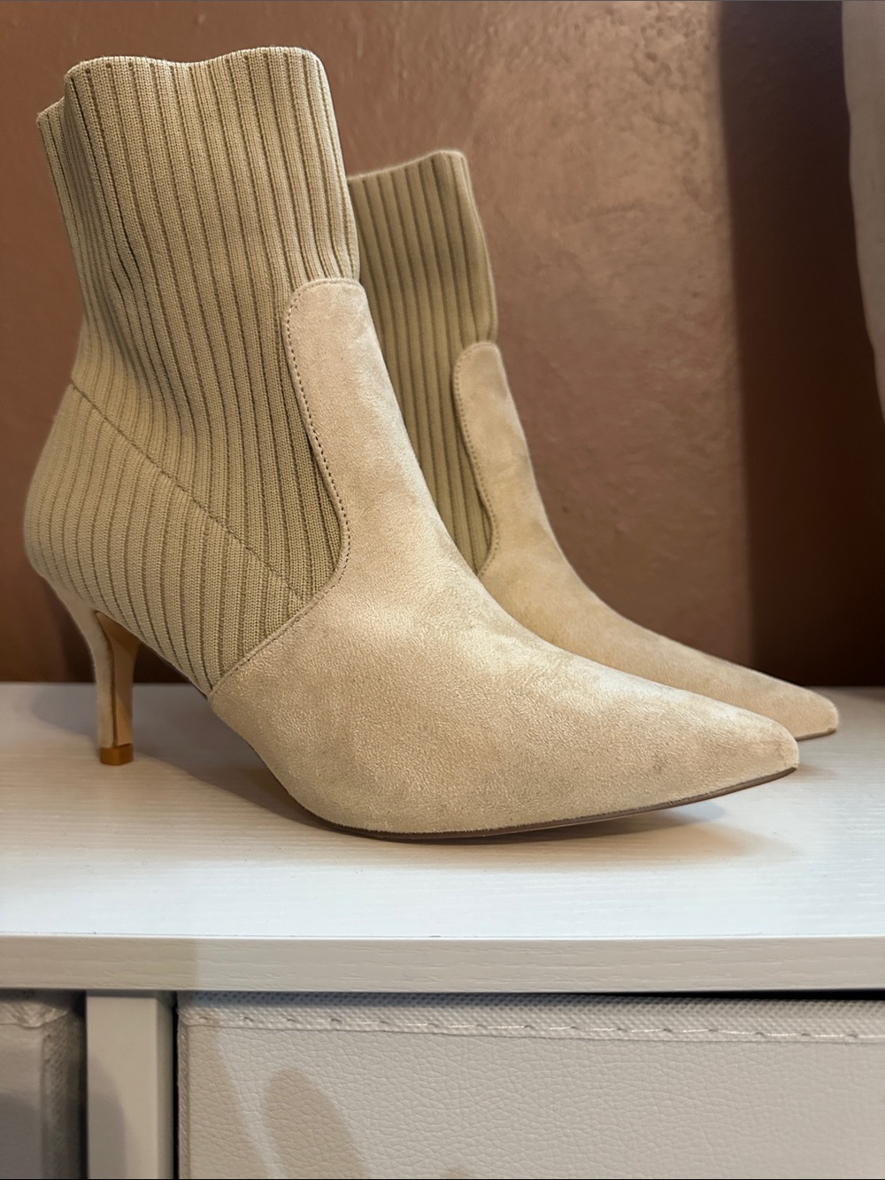 Beige Pointed-Toe Sock Ankle Boots - Women's Fashion Booties 6.5